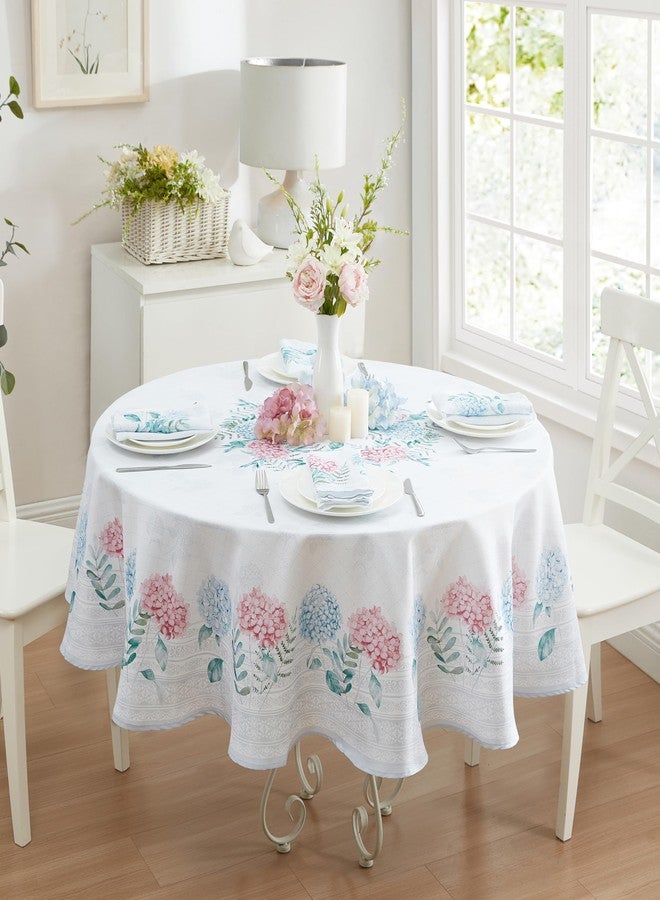 Newbridge Blue and Pink Hydrangea Sketch Round 70 Inch Fabric Tablecloth, Wrinkle and Stain Resistant Fabric Floral Table Cover, Indoor Outdoor Dining and Parties - Image 2