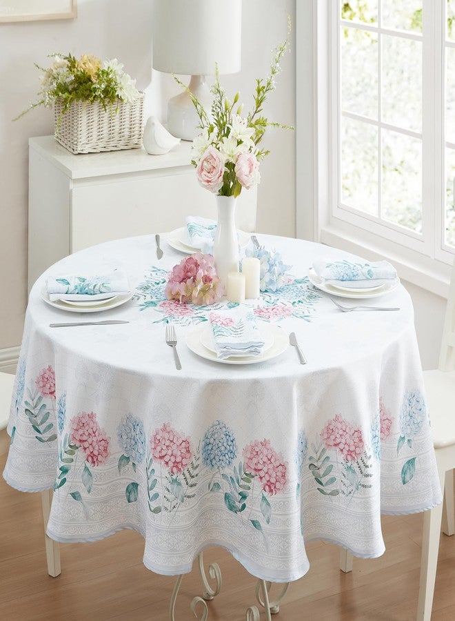 Newbridge Blue and Pink Hydrangea Sketch Round 70 Inch Fabric Tablecloth, Wrinkle and Stain Resistant Fabric Floral Table Cover, Indoor Outdoor Dining and Parties - Image 1