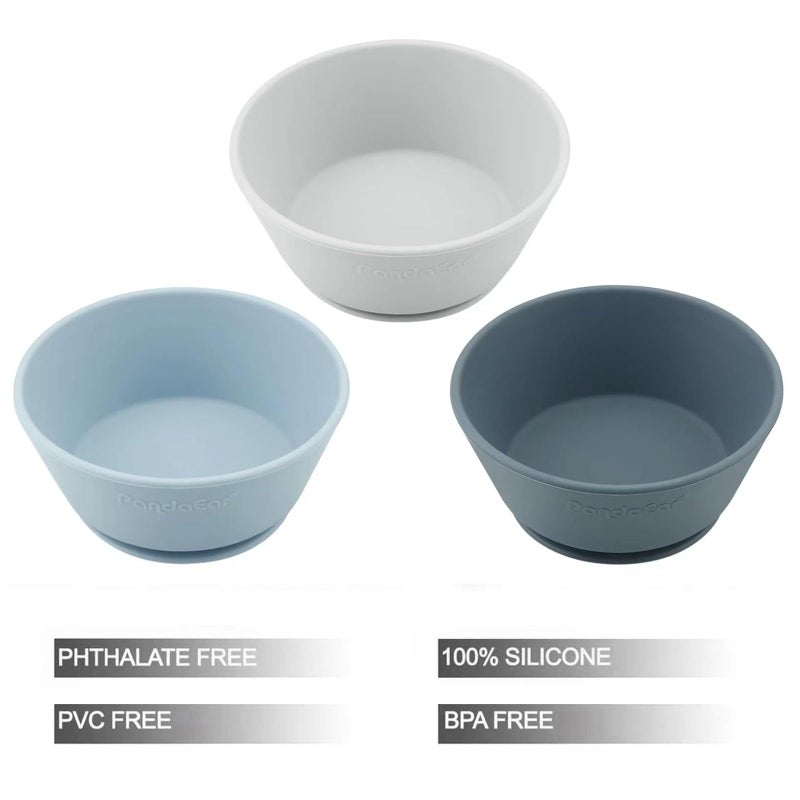 PandaEar 3 Pack Baby Suction Bowls|Silicone Food Bowls First Stage Feeding for Baby Toddler Infant Kids| Food Grade Soft Safe BPA-Free Silicone Toddler Bowls -Blue/Gray - Image 2
