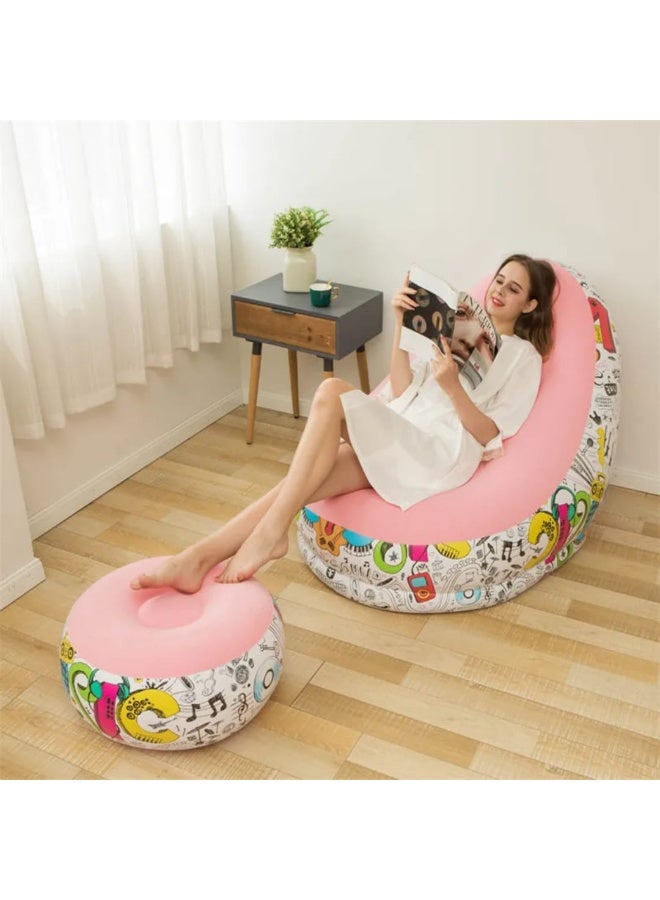 Inflatable Chair and Footrest Set (2 Pieces) - Velvet Lounge Sofa for Living Room, Camping, Beach - Multicolor (With Blower Gift) (Pink 1) - Image 4