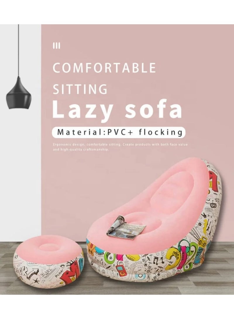 Inflatable Chair and Footrest Set (2 Pieces) - Velvet Lounge Sofa for Living Room, Camping, Beach - Multicolor (With Blower Gift) (Pink 1) - Image 5