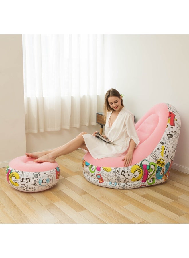 Inflatable Chair and Footrest Set (2 Pieces) - Velvet Lounge Sofa for Living Room, Camping, Beach - Multicolor (With Blower Gift) (Pink 1) - Image 2