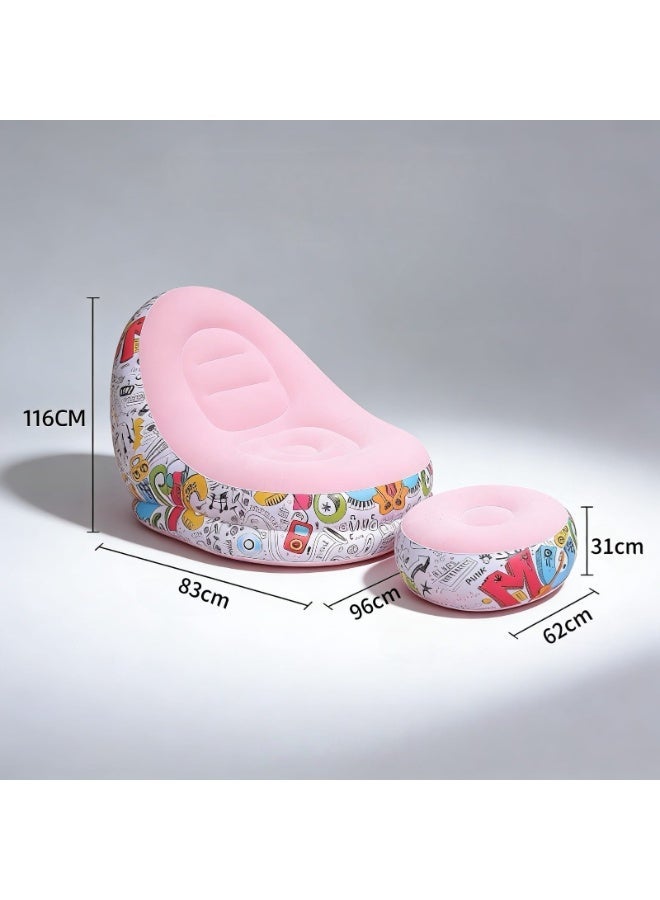 Inflatable Chair and Footrest Set (2 Pieces) - Velvet Lounge Sofa for Living Room, Camping, Beach - Multicolor (With Blower Gift) (Pink 1) - Image 3