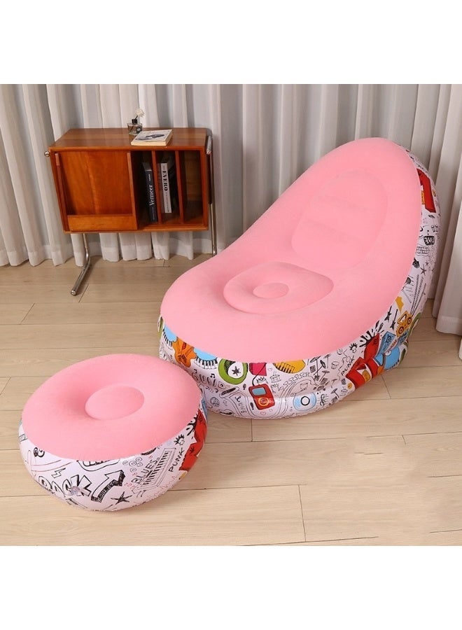 Inflatable Chair and Footrest Set (2 Pieces) - Velvet Lounge Sofa for Living Room, Camping, Beach - Multicolor (With Blower Gift) (Pink 1) - Image 1