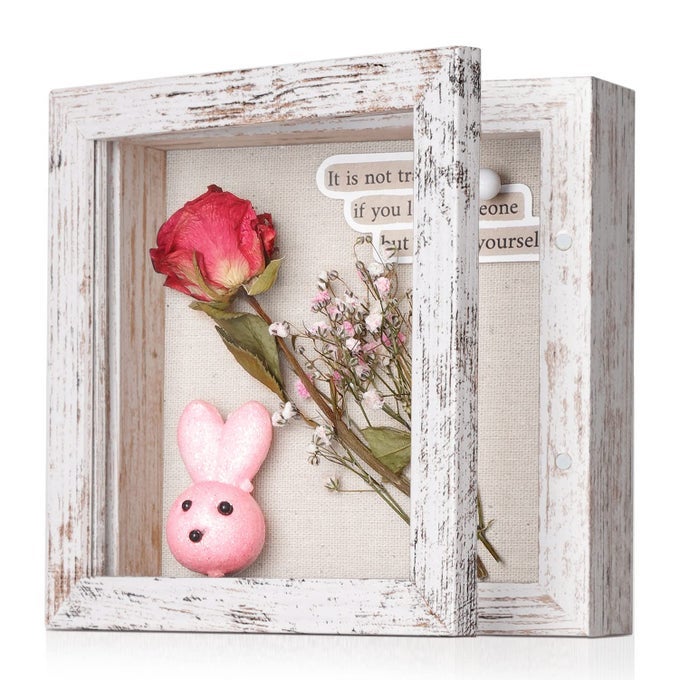 5X5 SHADOW BOX FRAME WITH LINEN BACK STURDY RUSTIC MEMORY DISPLAY CASE OF FLOWER PICTURES MEDALS AND MORE DISTRESSED WHITE