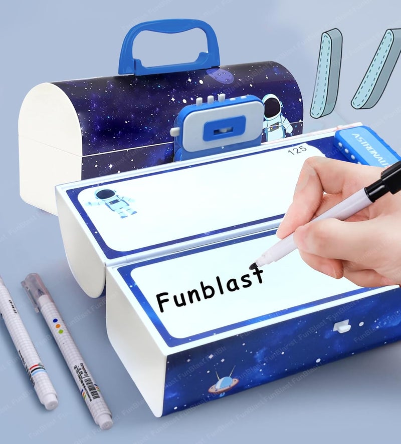 FunBlast صندوق أقلام وأقلام رصاص للأطفال بتصميم حقيبة مع قفل كلمة مرور صندوق أقلام متعدد الطبقات للأولاد والبنات، علبة تنظيم القرطاسية هدية عودة للأطفال (رائد فضاء، بلاستيك، متعدد الألوان) - Image 4