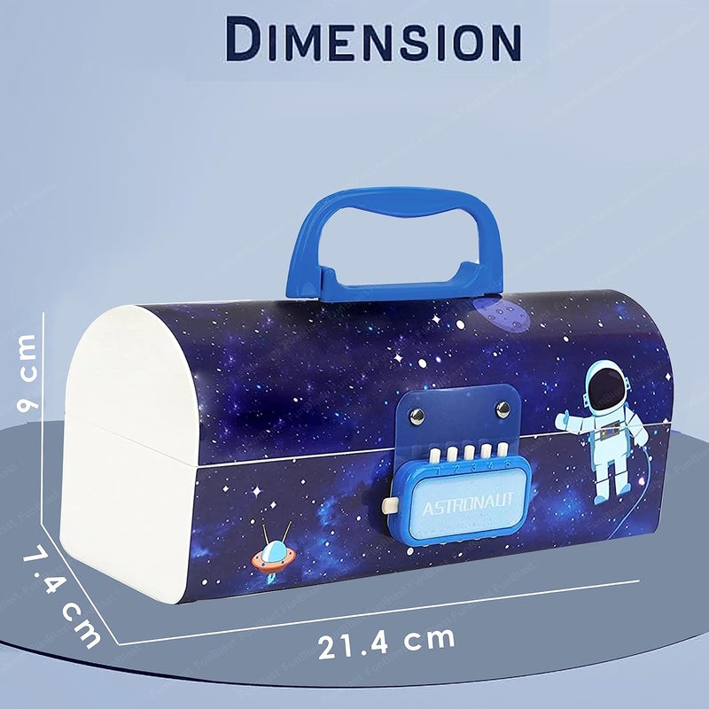 FunBlast صندوق أقلام وأقلام رصاص للأطفال بتصميم حقيبة مع قفل كلمة مرور صندوق أقلام متعدد الطبقات للأولاد والبنات، علبة تنظيم القرطاسية هدية عودة للأطفال (رائد فضاء، بلاستيك، متعدد الألوان) - Image 2