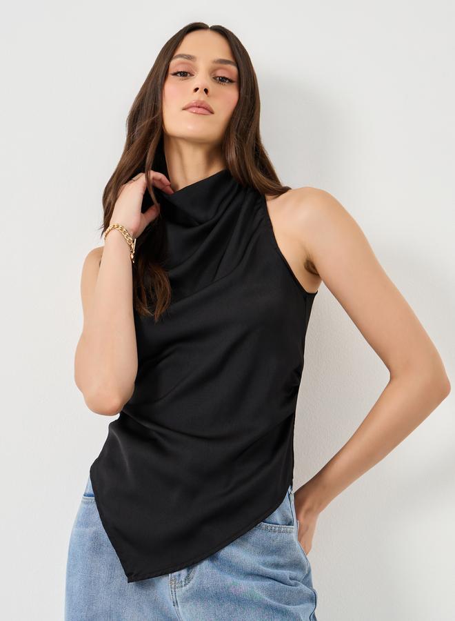 ستايلي بلوزة نسائية بياقة مدورة وحافة غير متماثلة من ستايلي باللون الأسود - Image 1