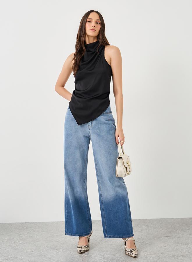 ستايلي بلوزة نسائية بياقة مدورة وحافة غير متماثلة من ستايلي باللون الأسود - Image 2