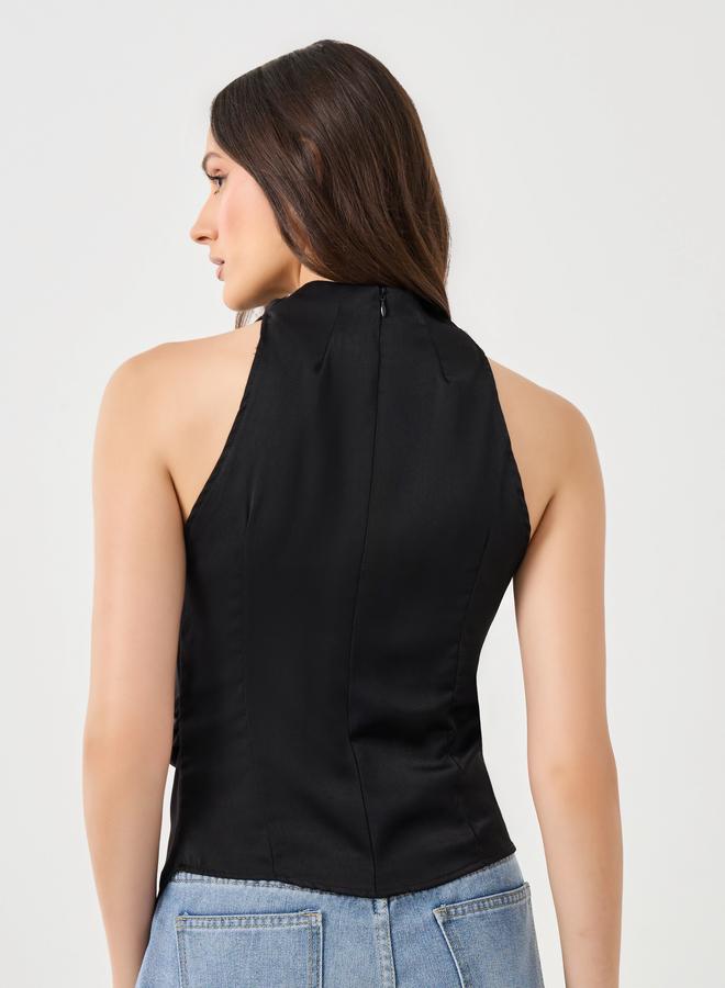 ستايلي بلوزة نسائية بياقة مدورة وحافة غير متماثلة من ستايلي باللون الأسود - Image 4