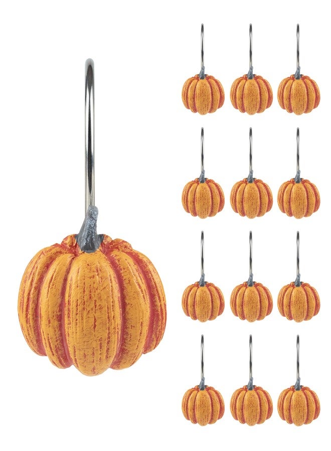 Sunlit Fall Pumpkin Decorative Shower Curtain Hooks, Autumn Harvest Festival Shower Curtain Rings, Resin, Orange Farmhouse Bathroom Curtain Hangers Decoration, Set of 12 - Image 1