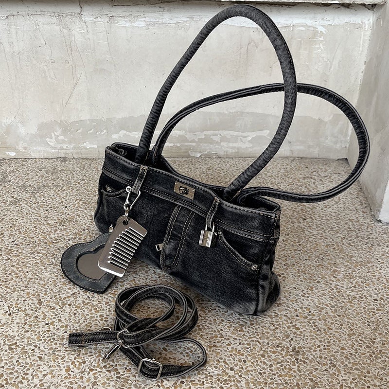 Qiaoge Washed Denim Bucket Bag Punk Style Multi-Pocket Crossbody Shoulder Bag for Women - Image 2