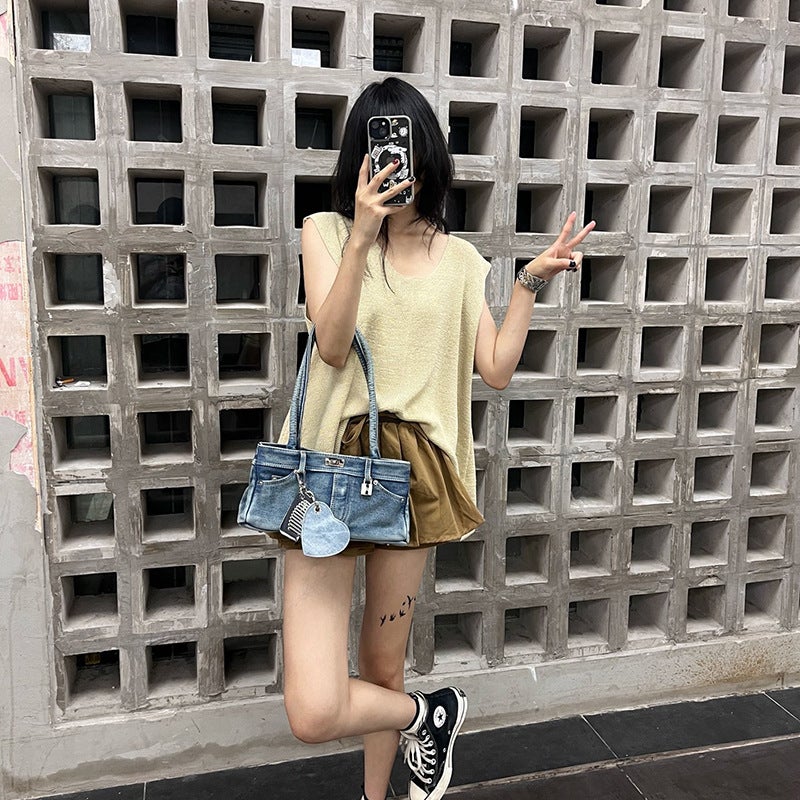 Qiaoge Washed Denim Bucket Bag Punk Style Multi-Pocket Crossbody Shoulder Bag for Women - Image 5