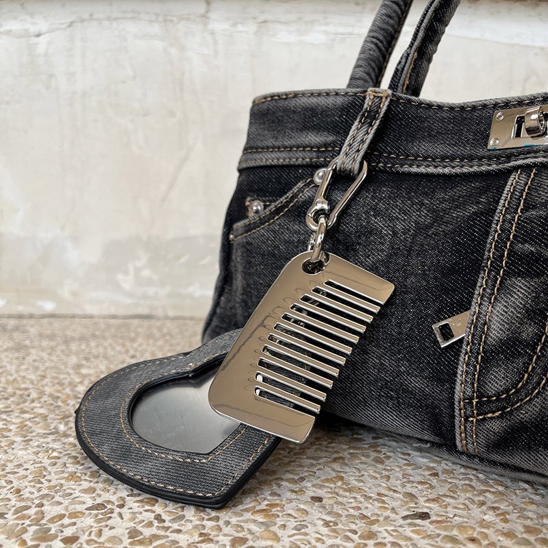 Qiaoge Washed Denim Bucket Bag Punk Style Multi-Pocket Crossbody Shoulder Bag for Women - Image 4