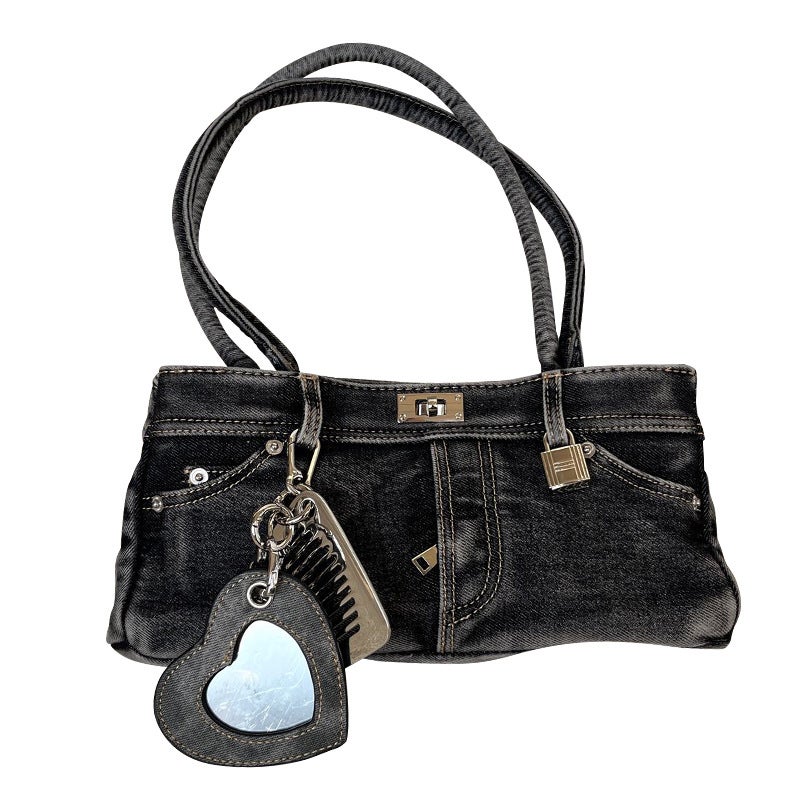 Qiaoge Washed Denim Bucket Bag Punk Style Multi-Pocket Crossbody Shoulder Bag for Women - Image 1