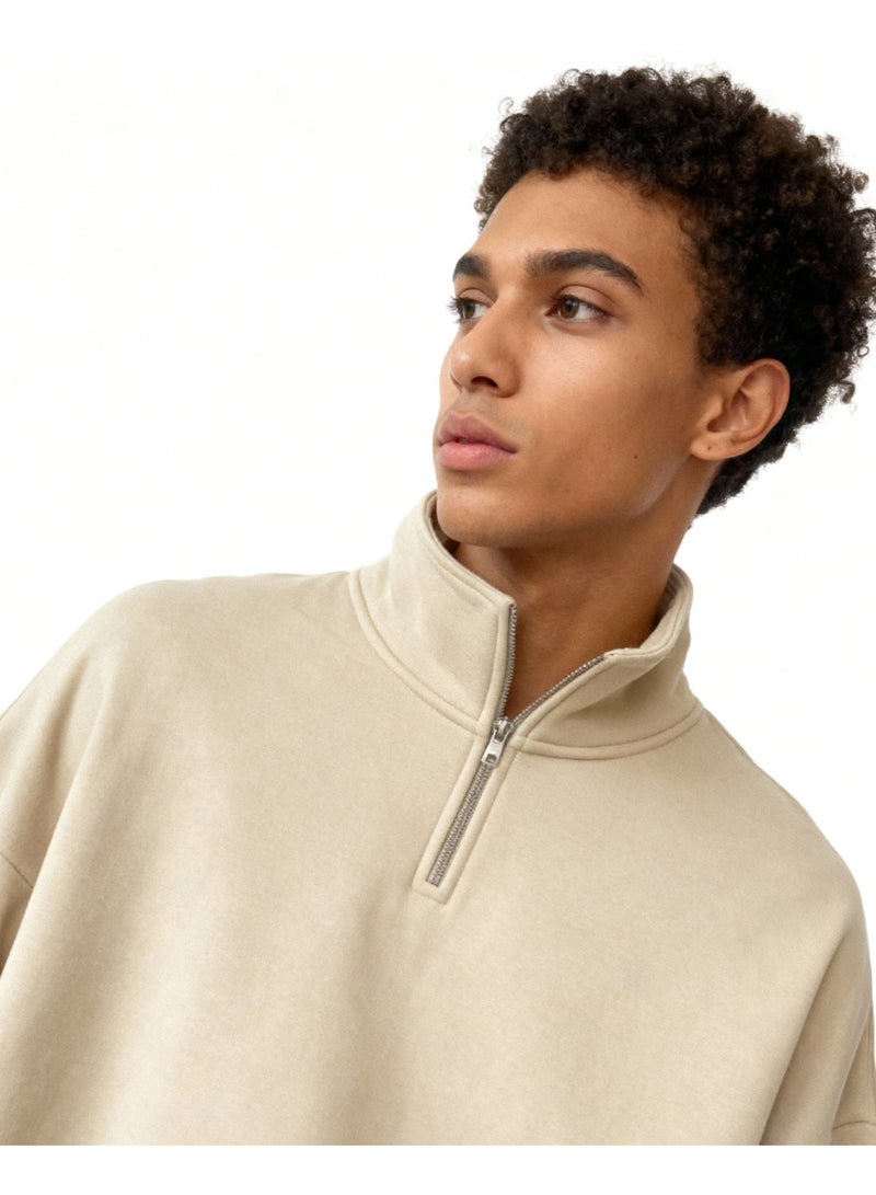 Feathers Men’s Quarter Zipper Sweatshirt 100% Cotton for Winter with Long Sleeves - Image 2