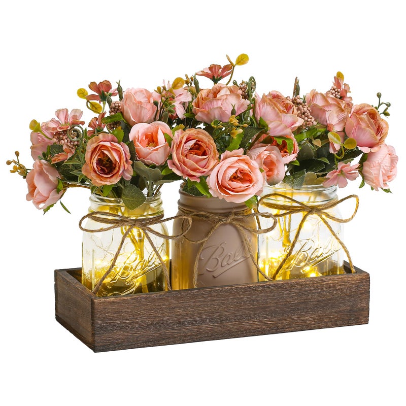 DUOER 3 Pcs Mason Jar Centerpiece Table Decorations for Dining Table Decor Farmhouse Coffee Table Decor with Wood Tray and Led Light Table Centerpieces for Dining Room Kitchen Living BathroomPink