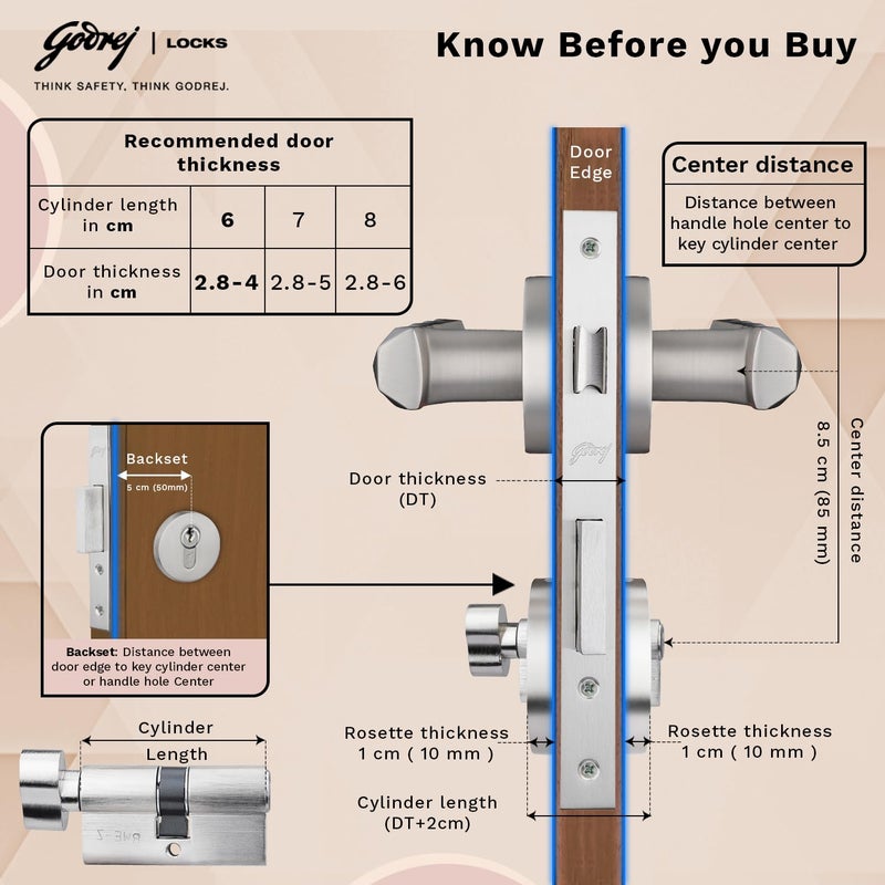 Godrej Locking Solutions and Systems Godrej Mortise LockHandle Lock Set for Main Bedroom DoorHDH 09 Rossette Home Dcor HandleSatin Steel Finish9 Inch Lockbody60 mm 1CK Cylinder Knob from Inside 3 Keys 5 Years Warranty  - Image 4