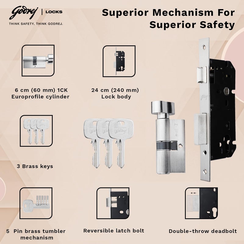 Godrej Locking Solutions and Systems Godrej Mortise LockHandle Lock Set for Main Bedroom DoorHDH 09 Rossette Home Dcor HandleSatin Steel Finish9 Inch Lockbody60 mm 1CK Cylinder Knob from Inside 3 Keys 5 Years Warranty  - Image 3