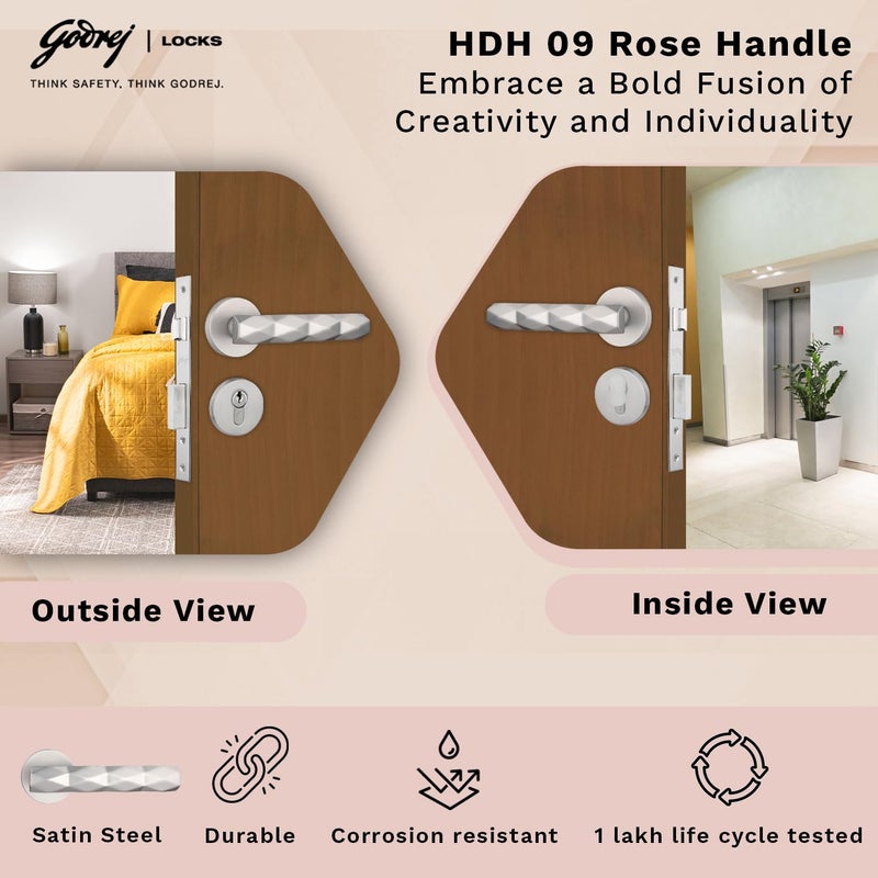 Godrej Locking Solutions and Systems Godrej Mortise LockHandle Lock Set for Main Bedroom DoorHDH 09 Rossette Home Dcor HandleSatin Steel Finish9 Inch Lockbody60 mm 1CK Cylinder Knob from Inside 3 Keys 5 Years Warranty  - Image 2