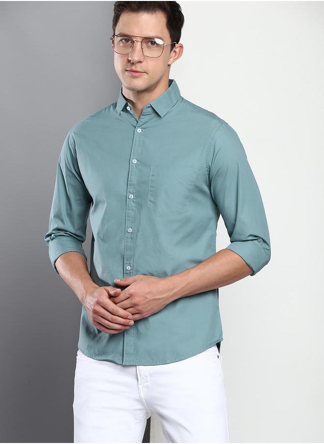 Dennis Lingo - Men's Slim Fit Teal Blue Casual Cotton Spread Shirt - Image 1