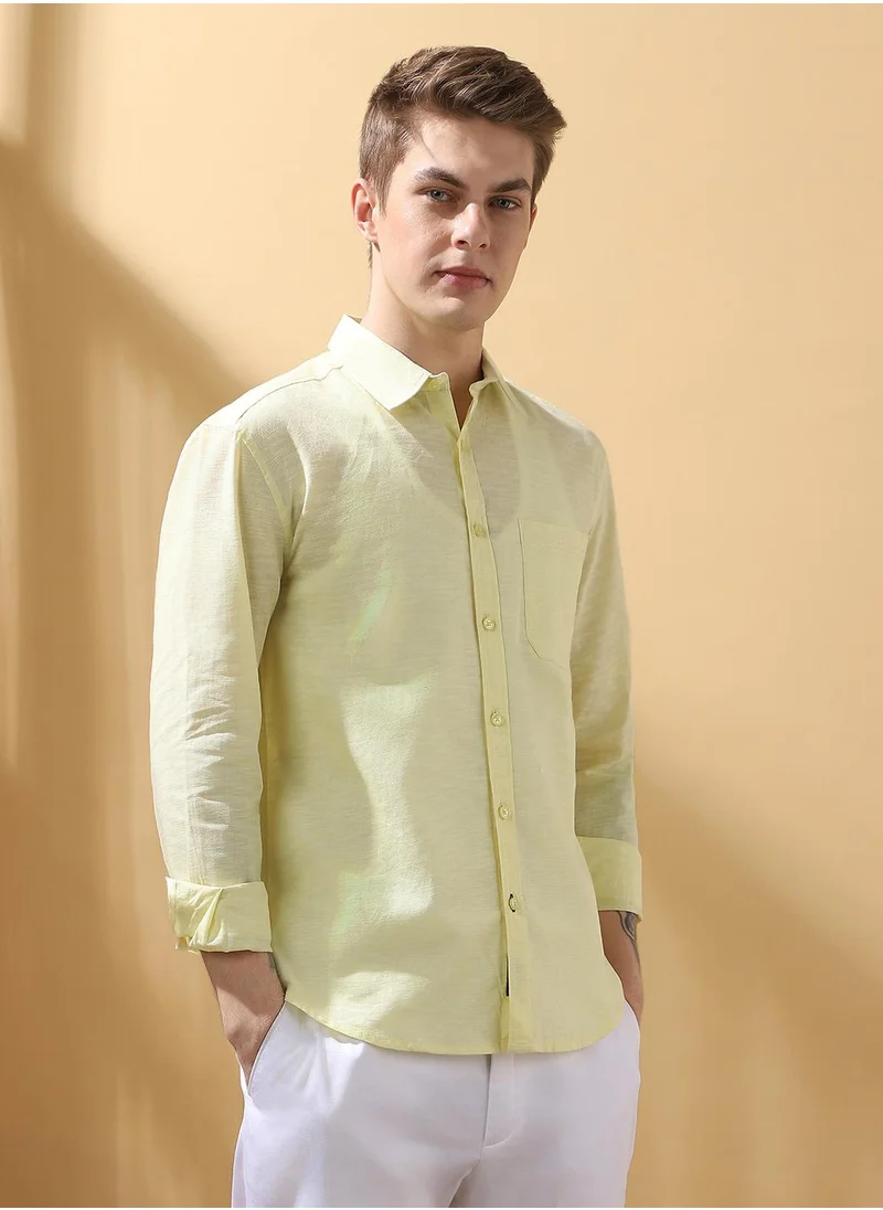 Dennis Lingo Upgrade your wardrobe with this premium Pastel yellow Regular Fit Shirts Textured design crafted from 100% Cotton featuring Long Sleeves with Button closure.