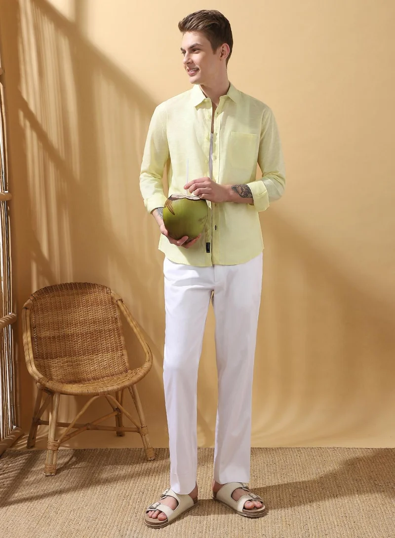 دينيس لينغو Men's Pastel Yellow 100% Cotton Textured Button Down Regular FiT-Shirt