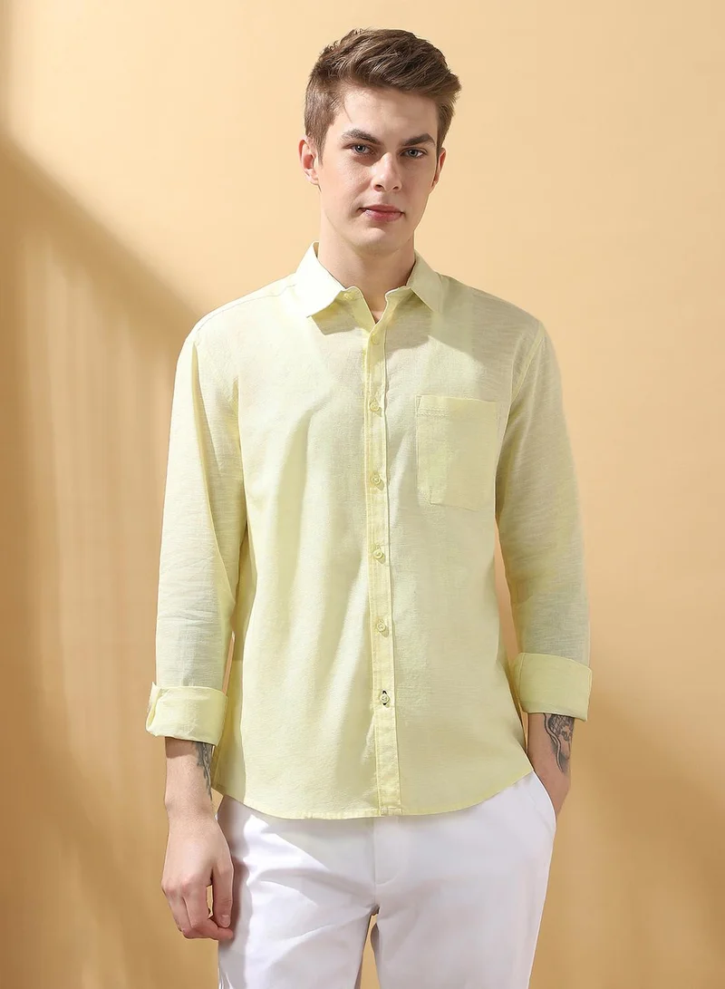 دينيس لينغو Men's Pastel Yellow 100% Cotton Textured Button Down Regular FiT-Shirt