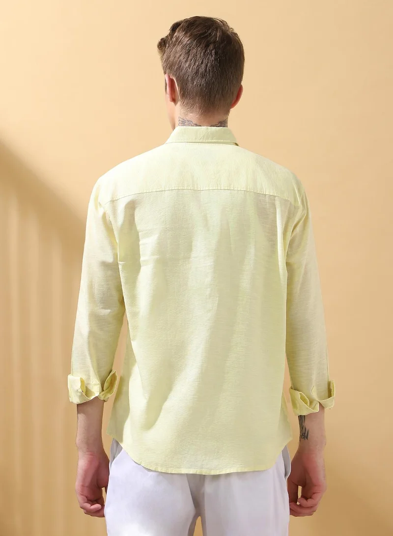 دينيس لينغو Men's Pastel Yellow 100% Cotton Textured Button Down Regular FiT-Shirt