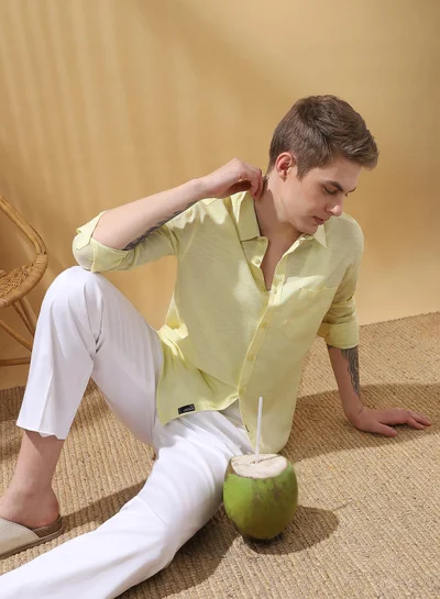 دينيس لينغو Men's Pastel Yellow 100% Cotton Textured Button Down Regular FiT-Shirt