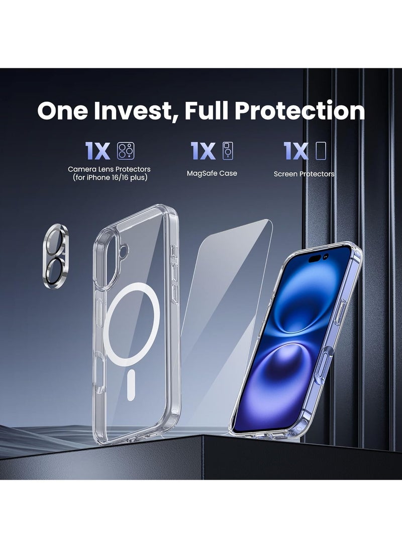 Package 3 in 1 For iPhone 16 Plus, Clear Case with Screen Protector & Lens Protector, Compatible with Magsafe, High-Grade Protection & Anti-Yellowing, Magnetic Case for iPhone 16 Plus, Transparent