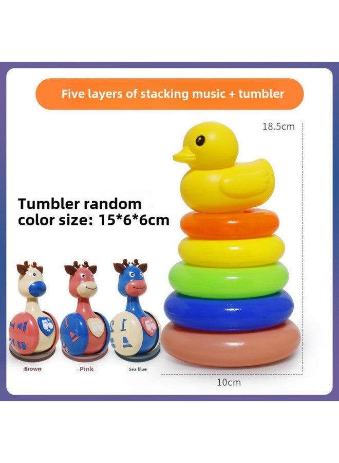 Baby Development Intelligence Rainbow Tower Ring Stacking Music Early Education 0-1-2 Years Old Baby Tumbler Toy-Color:5 Layers Of Stacking Music + Tumbler - Image 1