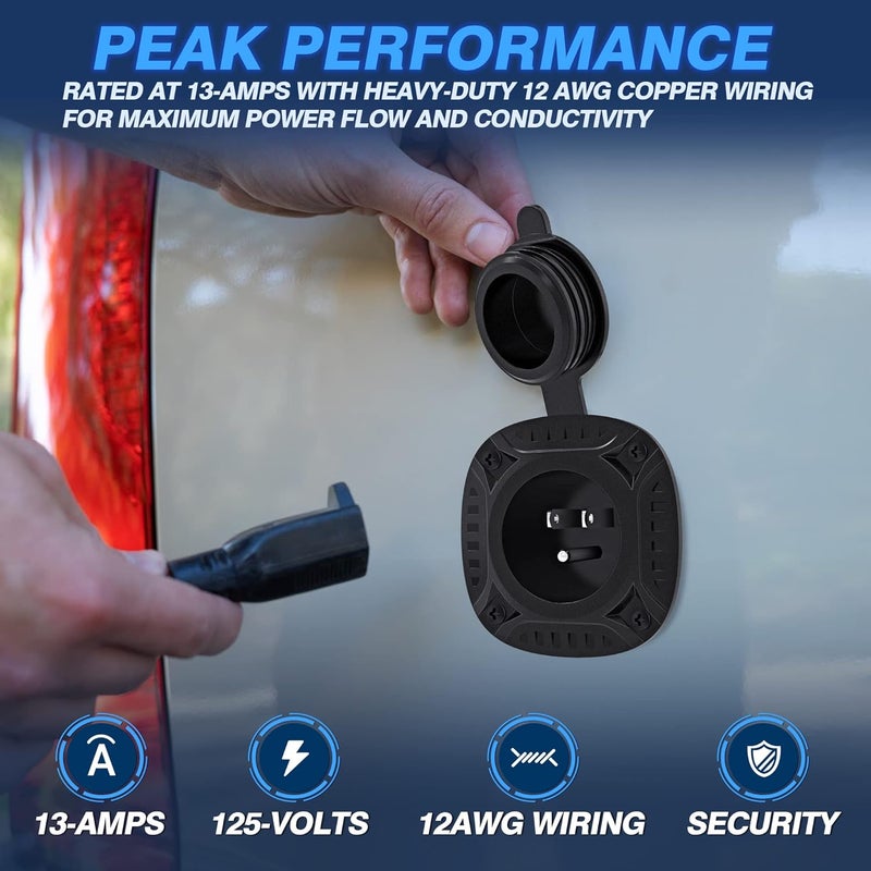 MICTUNING 13Amp 125V AC Port Plug with 16" Integrated Heavy Duty Extension Cord and Water-Resistant Cap - Black - Image 2