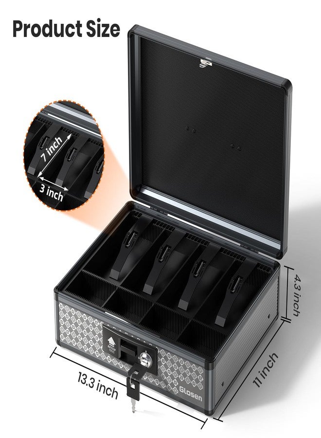 Glosen Cash Box with Lock, Money Box with Key & Removable Coin Tray 11.4 * 5.3 * 13.5 inch [Black] (Extra Large) - Image 2