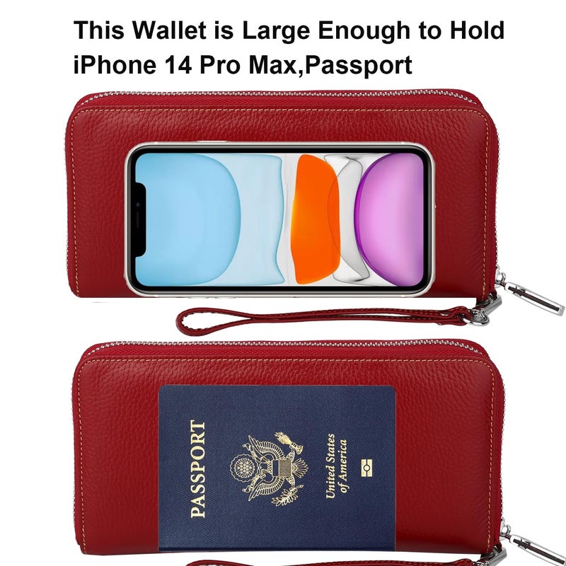 Lavemi Lavemi Women's RFID Blocking 100% Leather Large Capacity Zip Around Wallet Phone Holder Clutch Travel Purse Wristlet(Large Size Deep Red) - Image 5