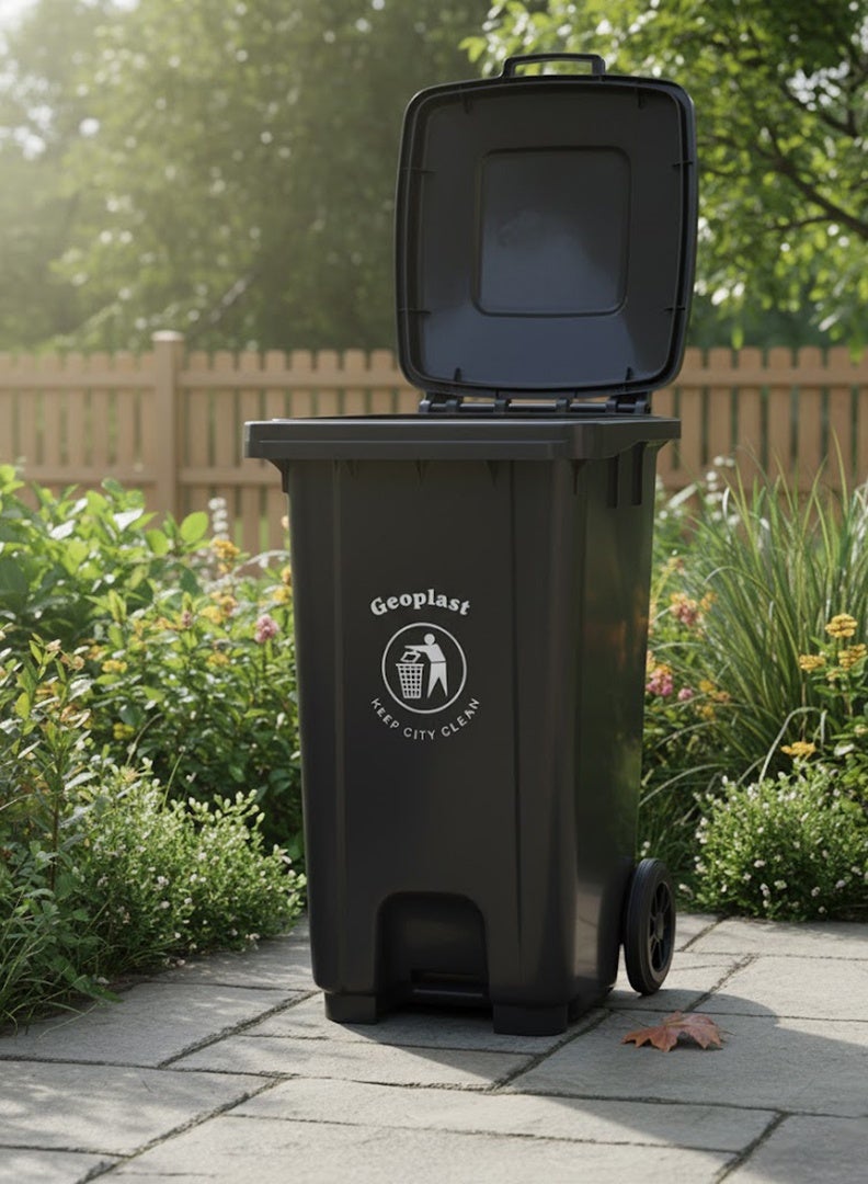 Geoplast سلة مهملات بلاستيكية HDPE من جيوبلاست مع دواسة معدنية - 100 لتر، أسود - Image 4