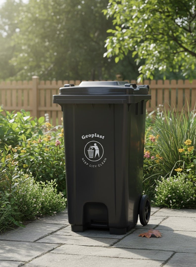 Geoplast سلة مهملات بلاستيكية HDPE من جيوبلاست مع دواسة معدنية - 100 لتر، أسود - Image 5