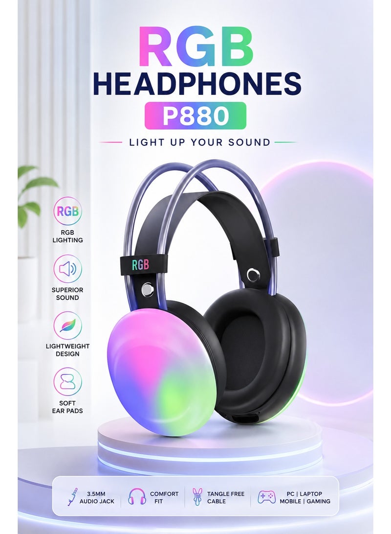 RGB Gaming Headphones P880 with Noise-Isolating Microphone | Stereo Surround Sound | LED RGB Lights | Adjustable Headband | Over-Ear Wireless Gaming Headset for PC, PS4, PS5, Laptop & Mobile - Image 1