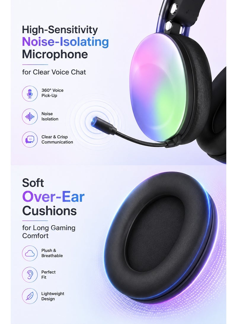 RGB Gaming Headphones P880 with Noise-Isolating Microphone | Stereo Surround Sound | LED RGB Lights | Adjustable Headband | Over-Ear Wireless Gaming Headset for PC, PS4, PS5, Laptop & Mobile - Image 3