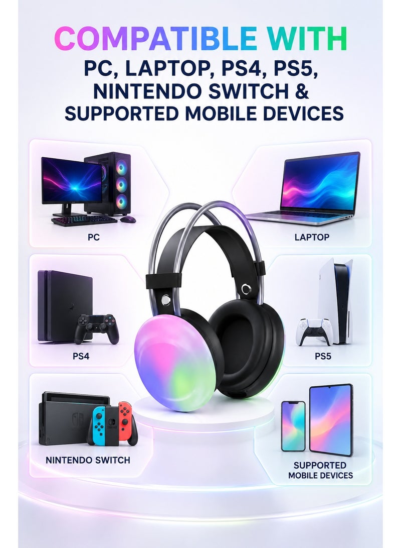 RGB Gaming Headphones P880 with Noise-Isolating Microphone | Stereo Surround Sound | LED RGB Lights | Adjustable Headband | Over-Ear Wireless Gaming Headset for PC, PS4, PS5, Laptop & Mobile - Image 2
