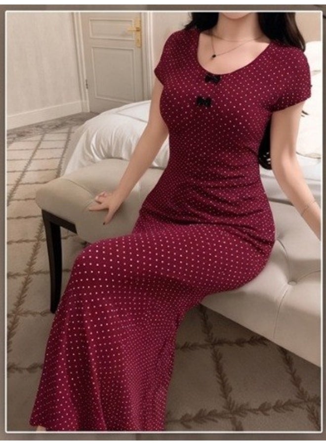 فستان بيجامة طويل منقط برقبة دائرية وأكمام قصيرة للنساء - لون نبيتي (ماروني) - Image 2