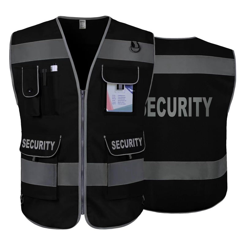TCCFCCT Security Vest for Security Guard 9 Pockets High Visibility Reflective Safety Vest for Men Women, Durable Hi Vis Vest with Reinforced Sewing, Meets ANSI/ISEA, (G100S-Black, L) - Image 1