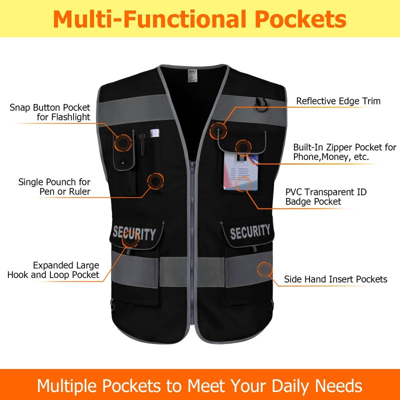 TCCFCCT Security Vest for Security Guard 9 Pockets High Visibility Reflective Safety Vest for Men Women, Durable Hi Vis Vest with Reinforced Sewing, Meets ANSI/ISEA, (G100S-Black, L) - Image 3