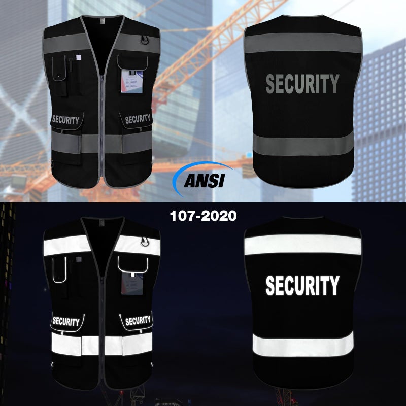 TCCFCCT Security Vest for Security Guard 9 Pockets High Visibility Reflective Safety Vest for Men Women, Durable Hi Vis Vest with Reinforced Sewing, Meets ANSI/ISEA, (G100S-Black, L) - Image 2