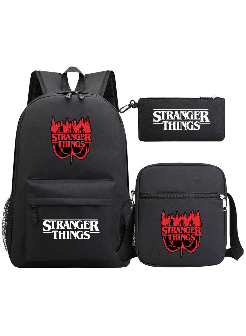 Three piece set of printed youth student school backpack, men's and women's shoulder bags, large capacity backpack, black
