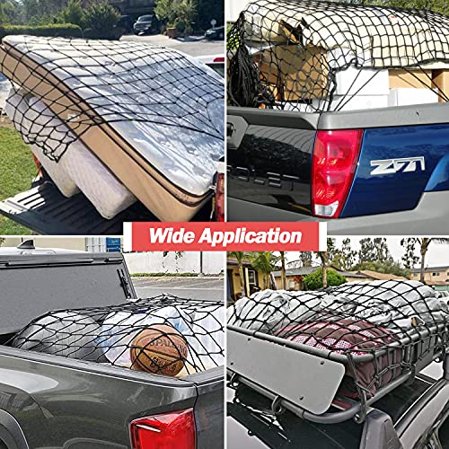 Zuozee ZUOZE Natural Latex Core Super Duty Cargo Net for Pickup Truck Bed 4'x6' Stretches to 8'x12' | 12 Carabiners + 12 Hooks | Small Tight 4”x4” Mesh Bungee Net for Ford, Dodge, Chevy, Toyota, GMC - Image 3