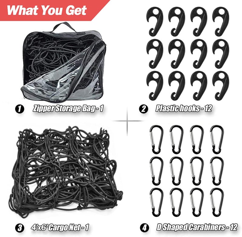 Zuozee ZUOZE Natural Latex Core Super Duty Cargo Net for Pickup Truck Bed 4'x6' Stretches to 8'x12' | 12 Carabiners + 12 Hooks | Small Tight 4”x4” Mesh Bungee Net for Ford, Dodge, Chevy, Toyota, GMC - Image 2