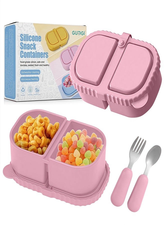 GUDGI Silicone Snack Containers for Kids (8.5Oz, 2-Compartment)+ Kids Silicone Cutlery Set (Spoon and Fork) - BPA Free, Leak Proof, Great for Toddler/Kid/Adult Meal Prep Containers (pink) - Image 1