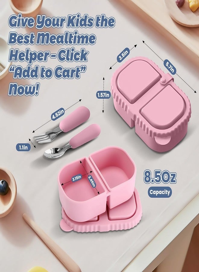 GUDGI Silicone Snack Containers for Kids (8.5Oz, 2-Compartment)+ Kids Silicone Cutlery Set (Spoon and Fork) - BPA Free, Leak Proof, Great for Toddler/Kid/Adult Meal Prep Containers (pink) - Image 2