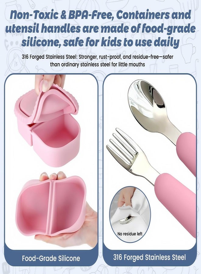 GUDGI Silicone Snack Containers for Kids (8.5Oz, 2-Compartment)+ Kids Silicone Cutlery Set (Spoon and Fork) - BPA Free, Leak Proof, Great for Toddler/Kid/Adult Meal Prep Containers (pink) - Image 3